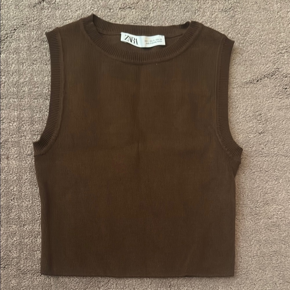 Zara Brown Sleeveless Ribbed Top